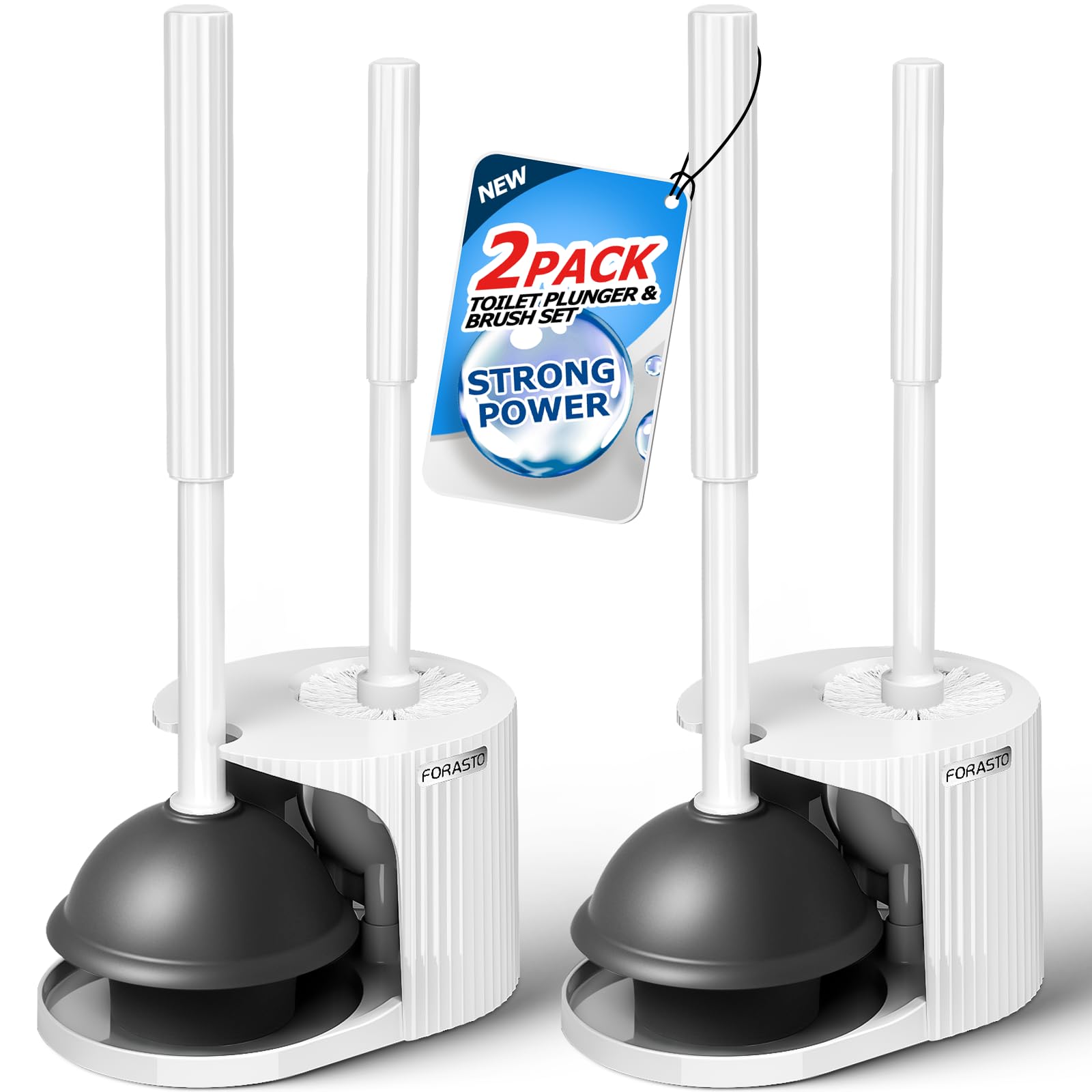FORASTO 2Pack 2 in 1 Toilet Brush and Plunger Set, Toilet Bowl Brush Plunger Set,Extended Handle Plunger,Bathroom Cleaning Tools