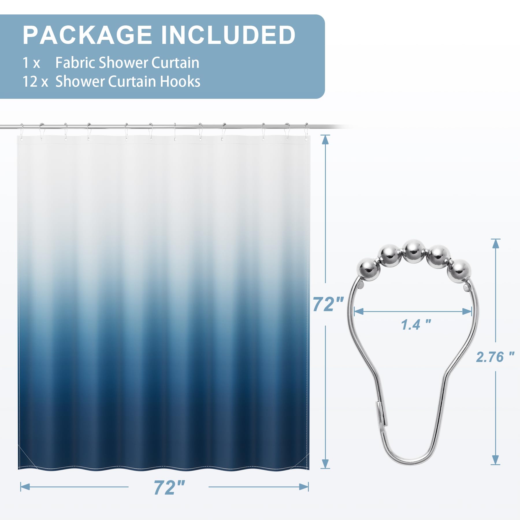 Amazerbath Shower Curtain, Cloth Ombre Blue Shower Curtain Set With 12 Shower Curtain Hooks, Washable Fabric Navy And White Show