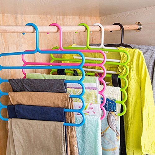 Inditradition 5 Layer Pant Cloth Hanger, Wardrobe Hanger | Space Saving Multi-Layer Design, Assorted Colour, Plastic (Pack Of 8)
