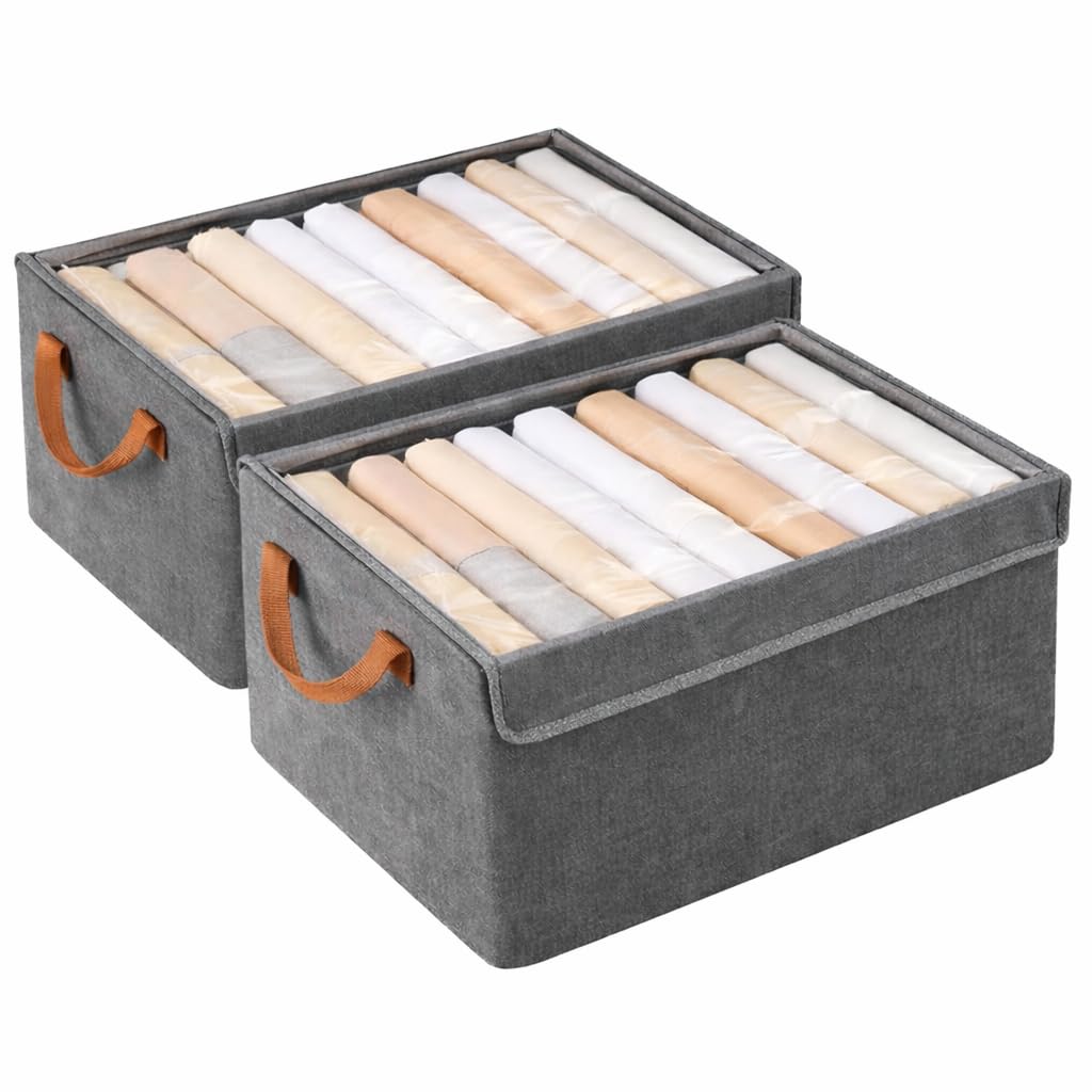 Storite Foldable Clothes Organizer Box With Metal Frame  Set Of 2 | Wardrobe Storage Basket With Lid & Handles For Jeans, Pants