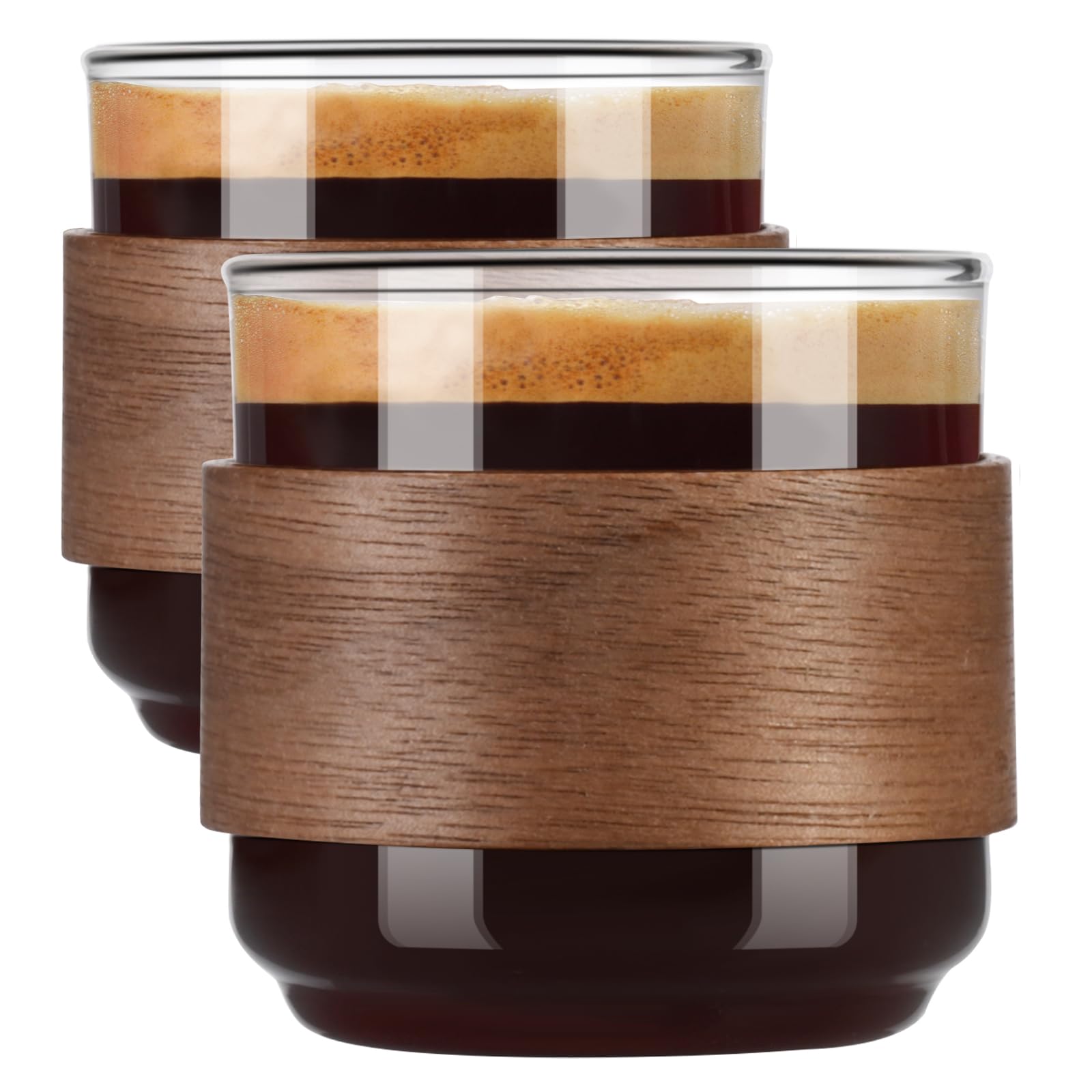 PARACITY Espresso Cups Set of 2 with Wooden Ring, 5 OZ High Borosilicate Espresso Shot Glass, Clear Small Expresso Shots Cup, Es