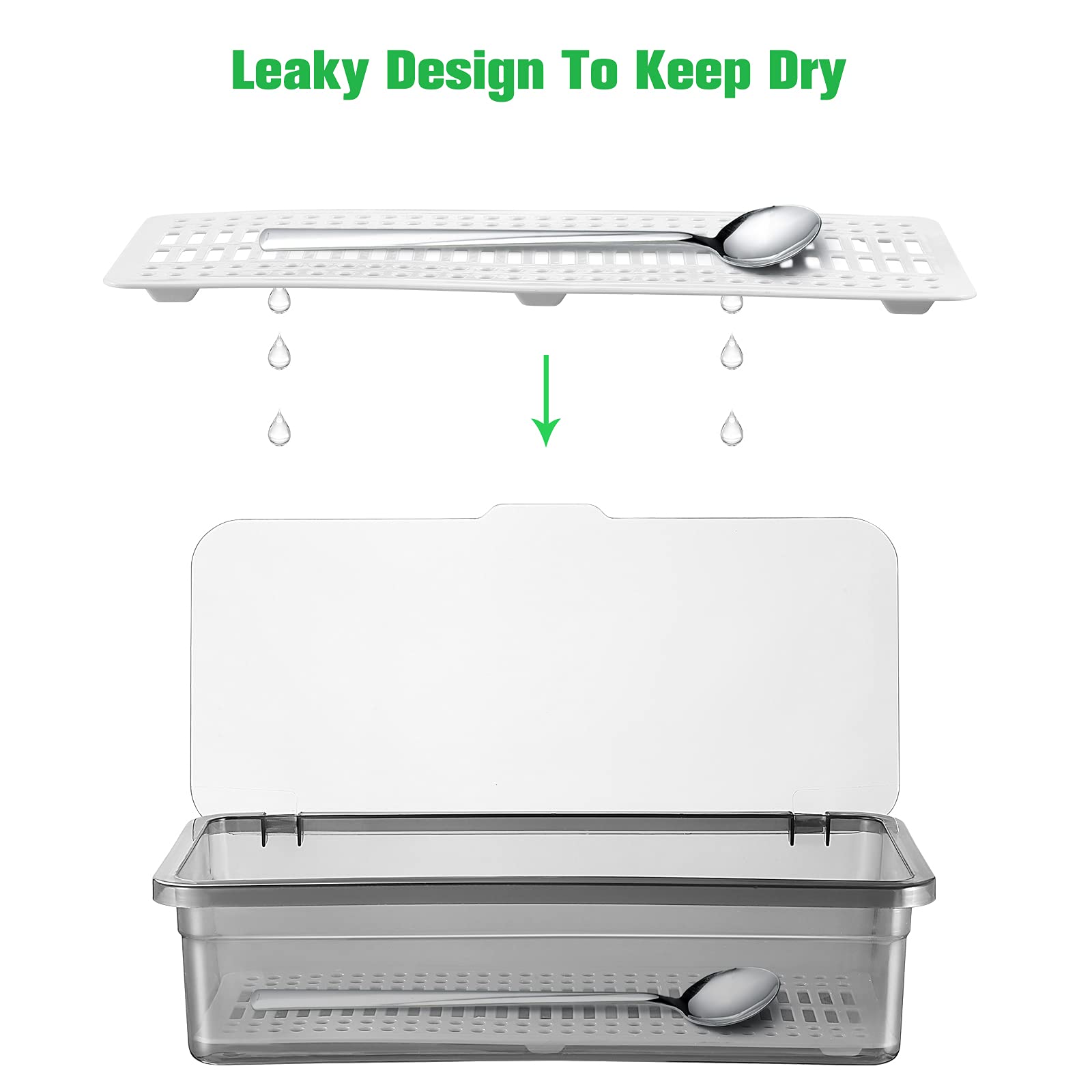 Topbathy Flatware Plastic Tray With Lid Kitchen Cutlery And Utensil Drawer Organizer Silverware Countertop Storage Container (Bl