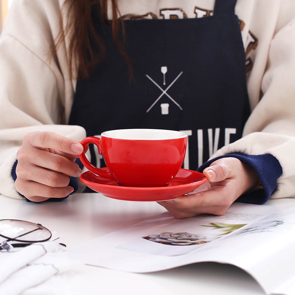 Coffeezone Manual Brew Coffee Cup And Saucer, Latte Art Cappuccino For Coffee Shop And Barista (Glossy Red, 8.5 Oz)