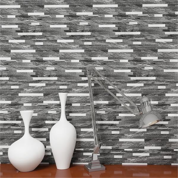 Kasaro 10-Sheet Peel And Stick Backsplash Tiles For Kitchen, Marble Black With Vintage Silver Embellished Stripes, Self-Adhesive