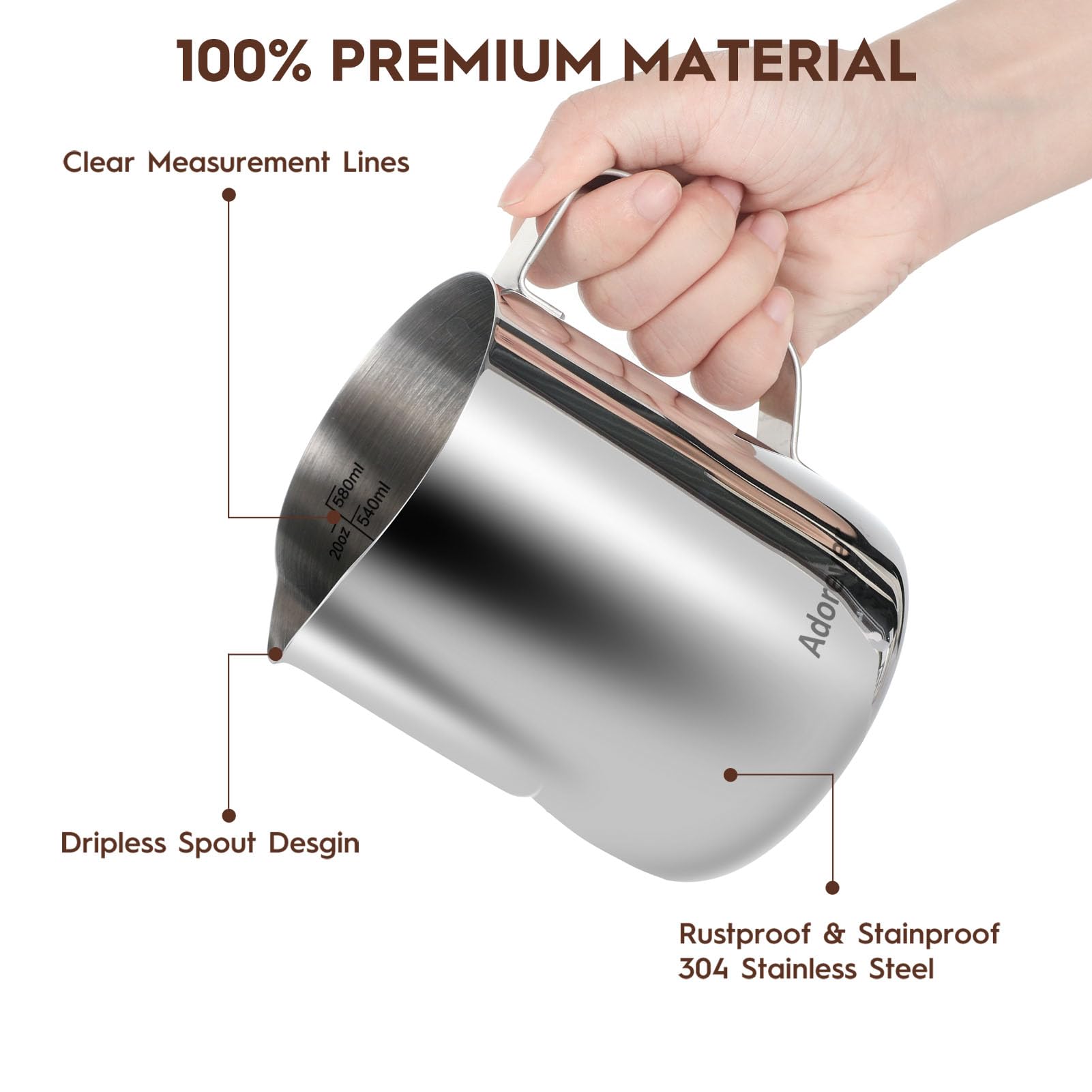Milk Frothing Pitcher, 20Oz Steaming Pitcher Stainless Steel Espresso Machine Accessories For Coffee Bar, Cappuccino Barista Too