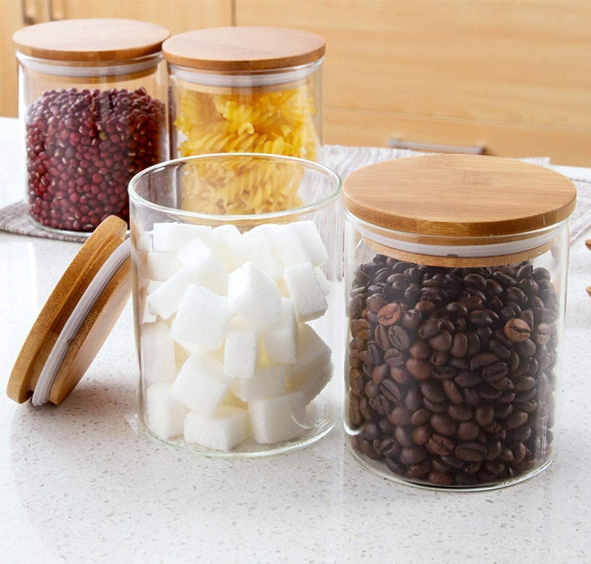 Isko 450 Ml Borosilciate Glass Jars With Air Tight Wooden/Bamboo Lids For Food Storage, Kitchen Storage Containers For Candy, Co