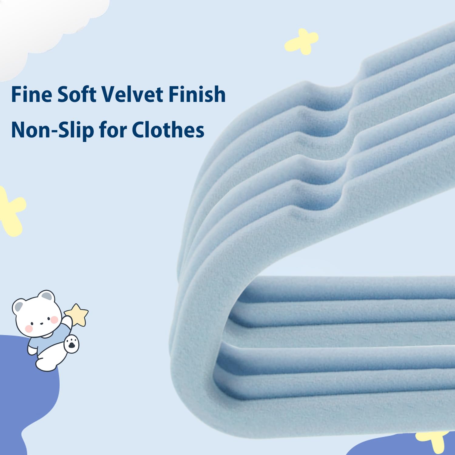 Wellong Baby Velvet Hangers, 11 Inches Kids Clothes Hangers, Non-Slip Childrens Hangers For Infant And Toddler 16 Pack Blue