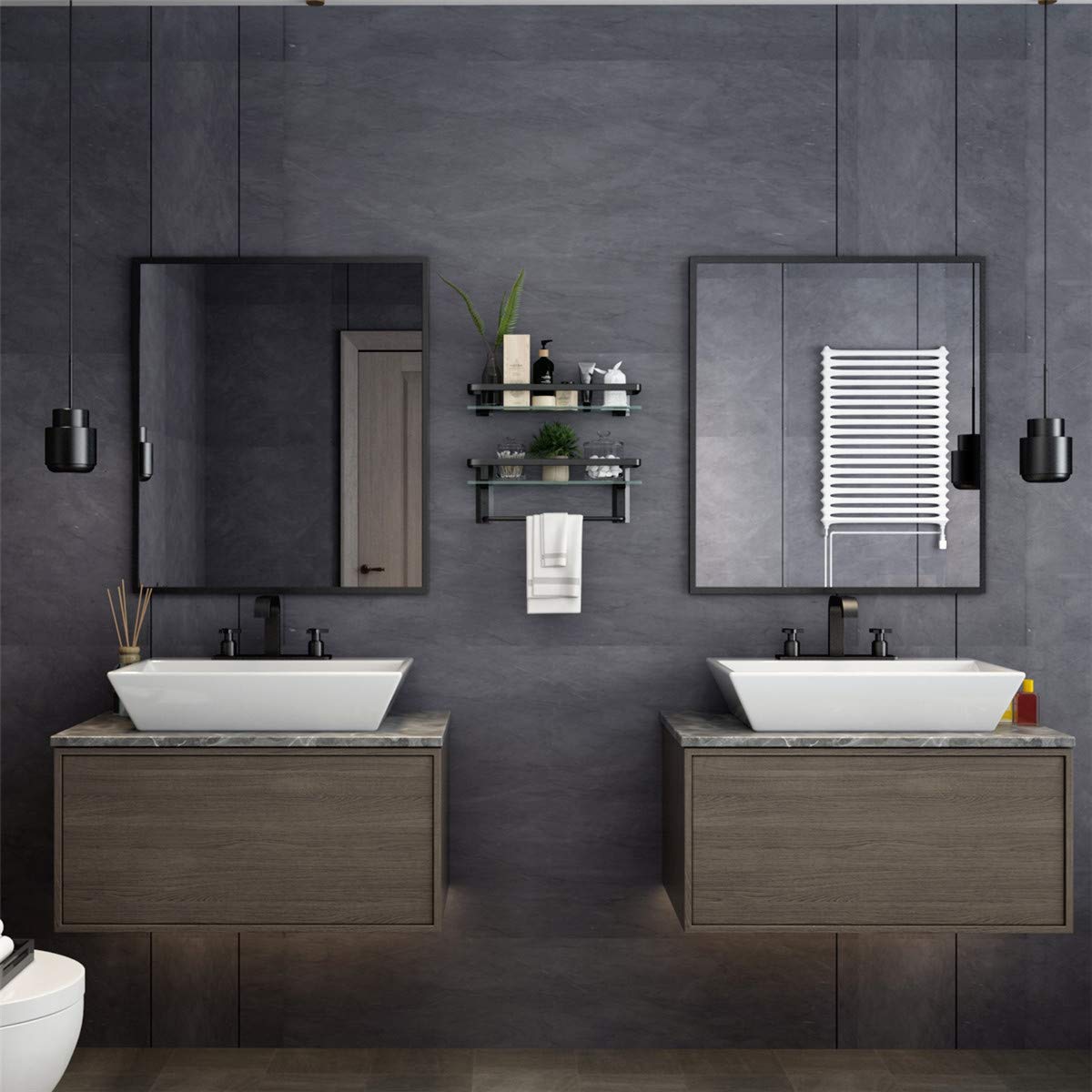 Volpone Bathroom Glass Shelf With Towel Bar- Black Bathroom Shelf Wall Mount Rustproof Bathroom Wall Organizer 1 Tier (Black)