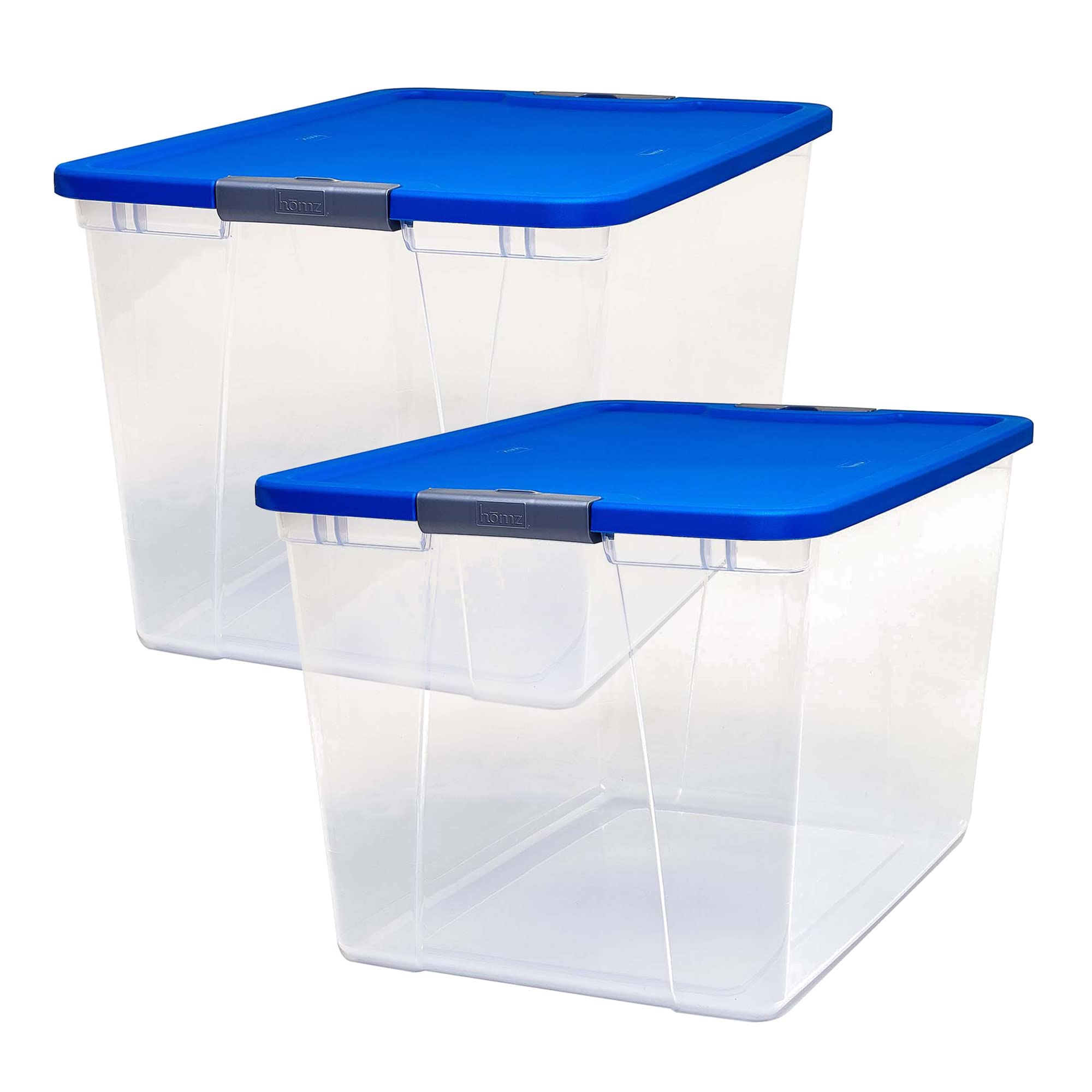 Homz 2-Pack Plastic Storage Bins W/Lids, Stackable Totes, 64 Quart, Clear/Blue