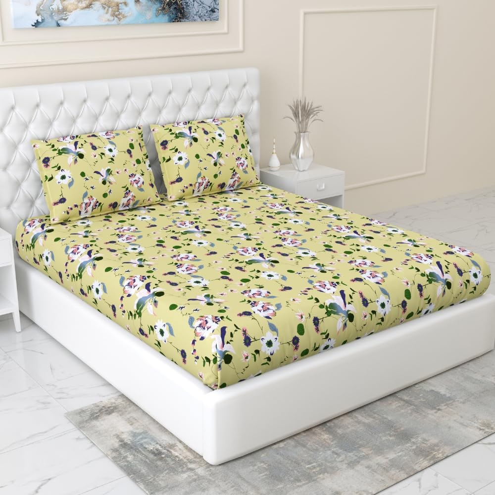 haus & kinder Fitted Cotton Bedsheets King Size, 100% Cotton, 144 TC, Elastic Bedsheet Fitted for Double Bed, Bold Floral
