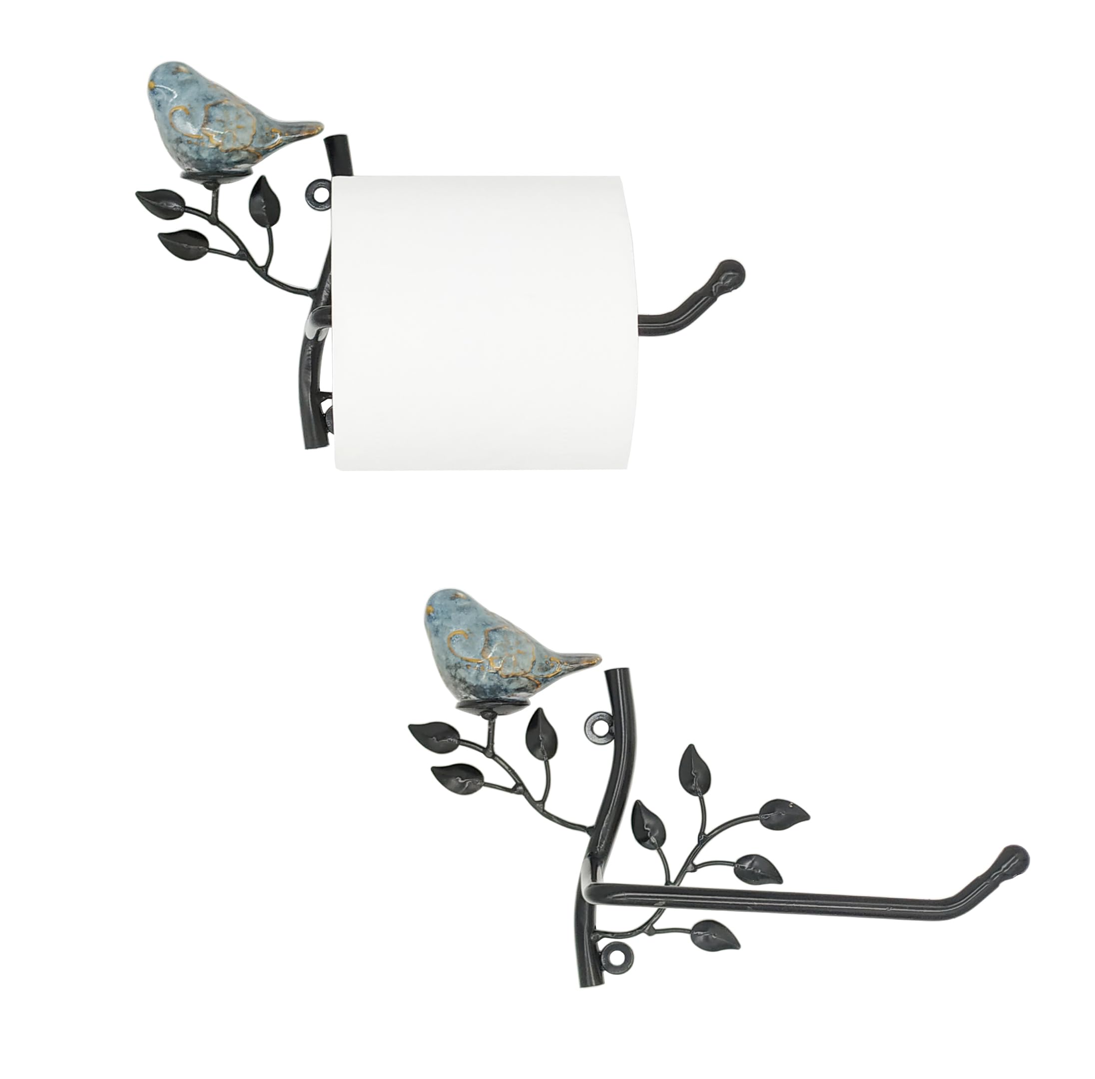 Owlgift Set Of 2 Wall Mounted Metal Toilet Tissue Holder W/Ceramic Bird, Roll Organizer For Bathroom - Black