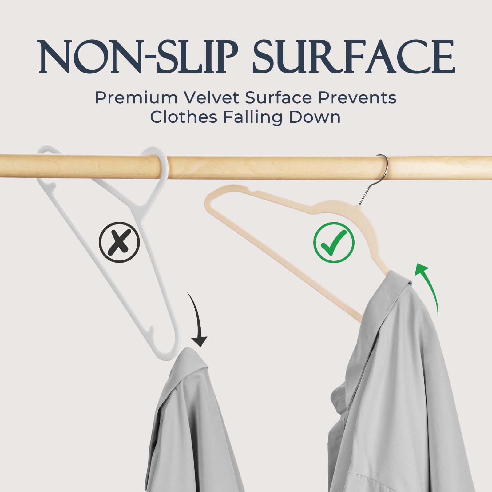 HOUSE DAY Beige Velvet Hangers 60 Pack  Premium Clothes Hangers Non-Slip Felt Hangers  Sturdy Hangers Heavy Duty Coat Hangers  Durable Suit Hangers for Space Saving  No Hanger Marks 360 Rotating