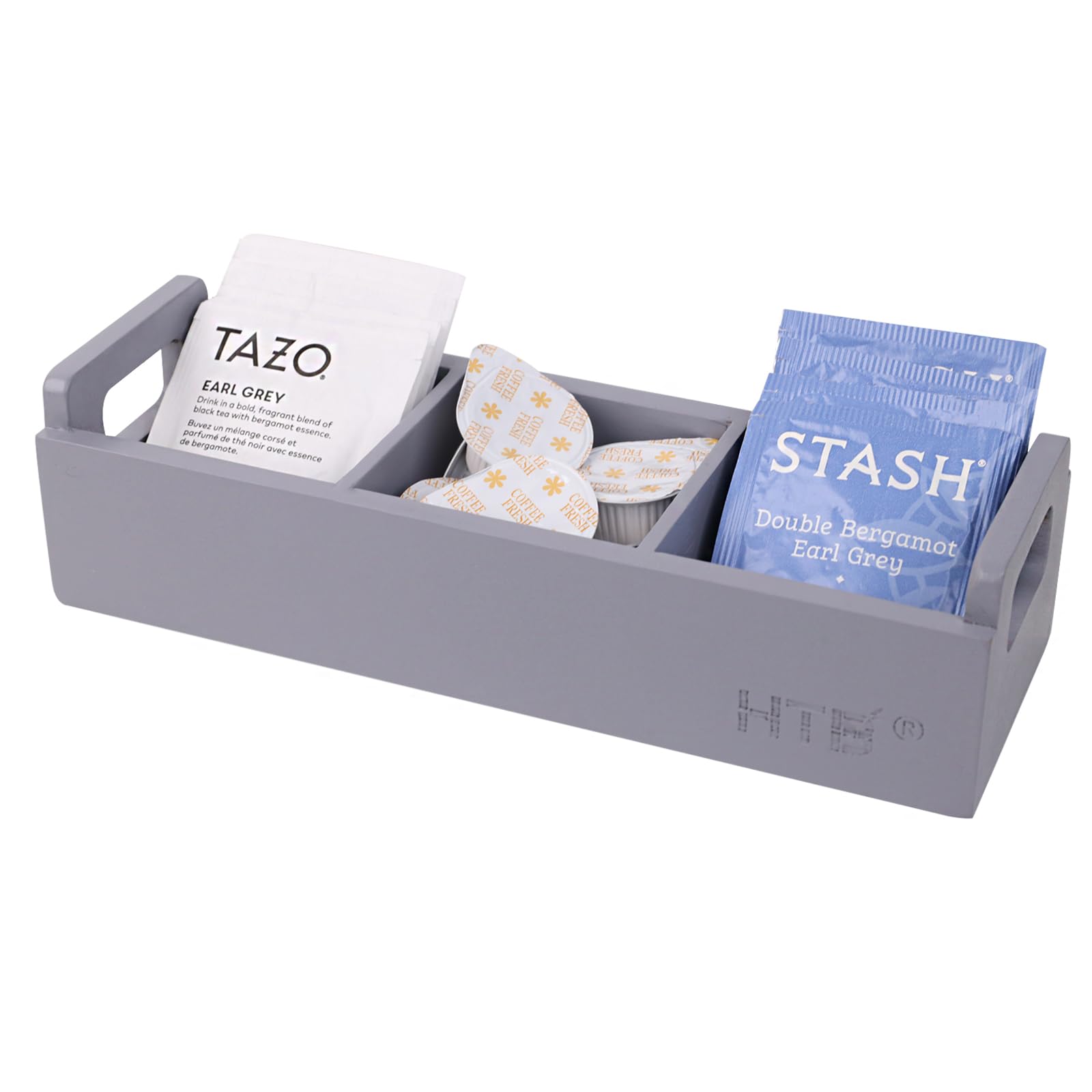 Slim Tea Bag Organizer By Htb, Grey 3 Compartments Tea Box Wooden With Handle For Small Space, Wood Tea Organizer For Tea Bags