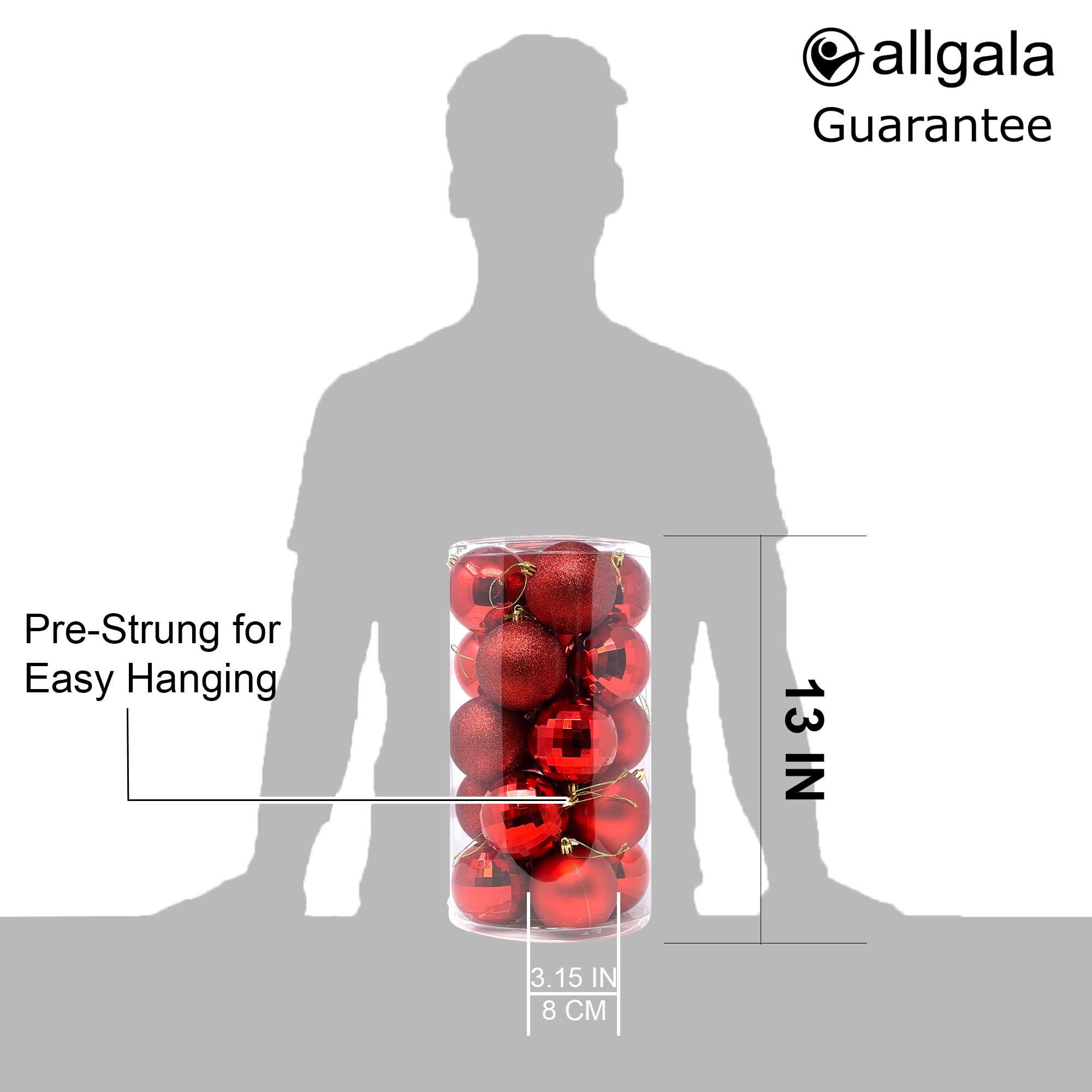 allgala 20 PK 3 Inch (8CM) Large Christmas Ornament Balls for Xmas Tree-4 Style-Red