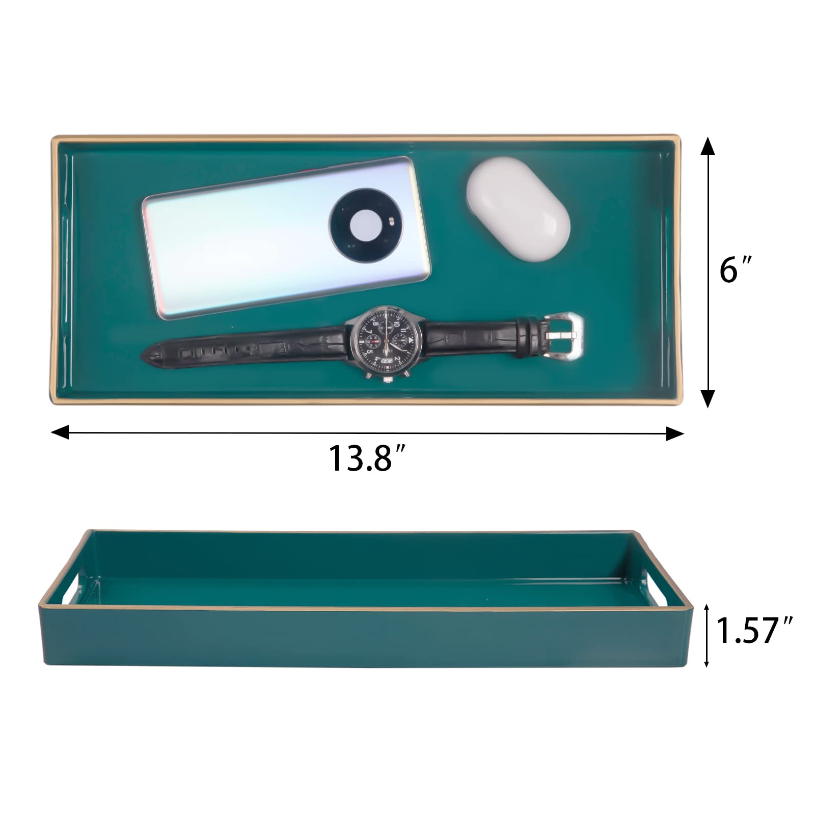 Maoname Green Vanity Tray Set Of 2, Plastic Decorative Tray With Handles, Moroccan Bathroom Tray For Toilet Tank, Counter, 13.8'