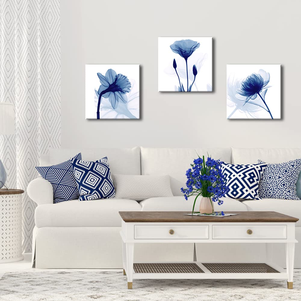 Wieco Art Blue Abstract Flowers 3 Panels Giclee Canvas Prints Wall Art Modern Pictures Artwork For Living Room Bedroom And Home