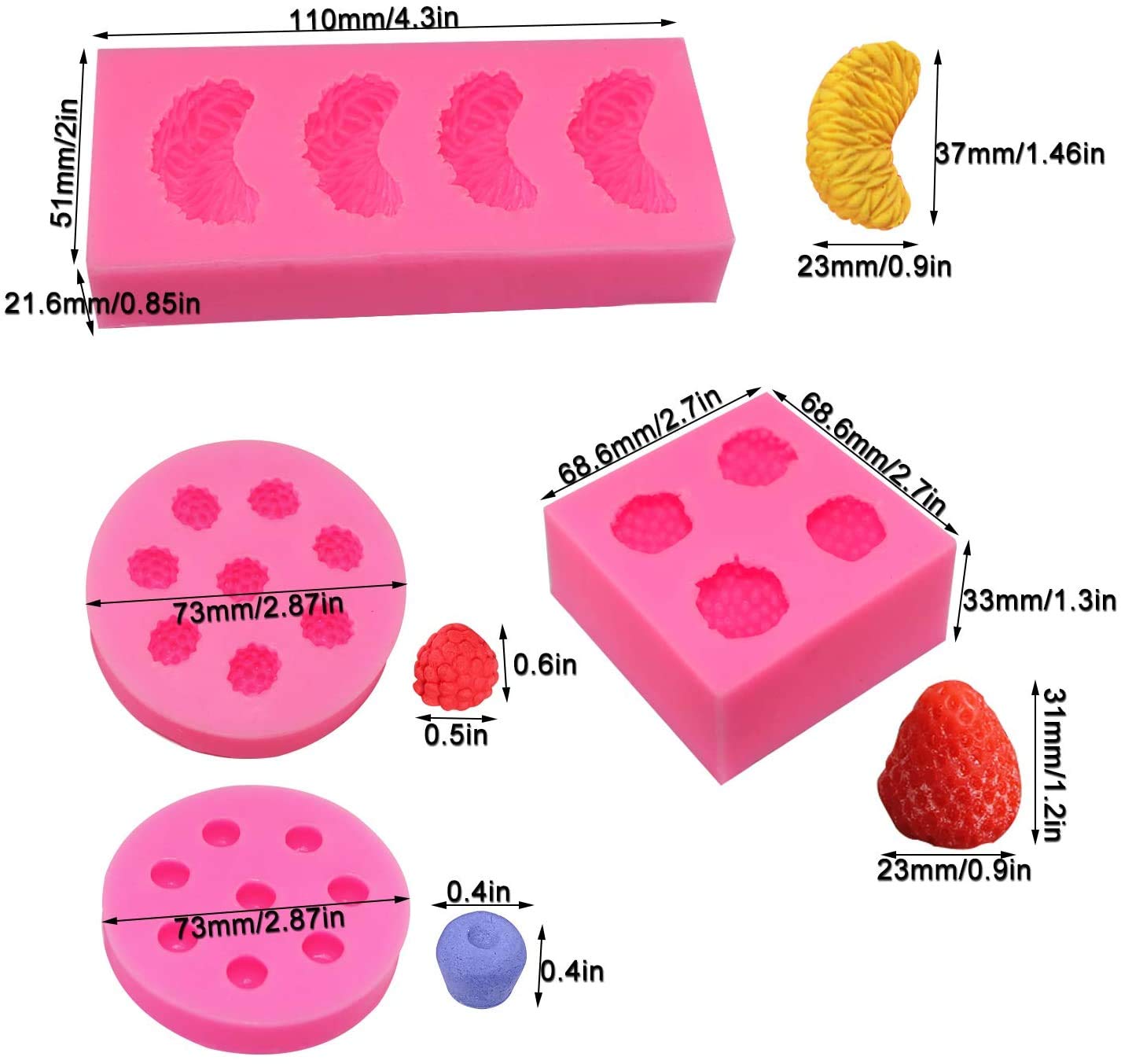4 Pieces Fruit Shaped Silicone Fondant Molds Strawberry Orange Raspberry Blueberry Fondant Molds Chocolate Candy Molds For Cake