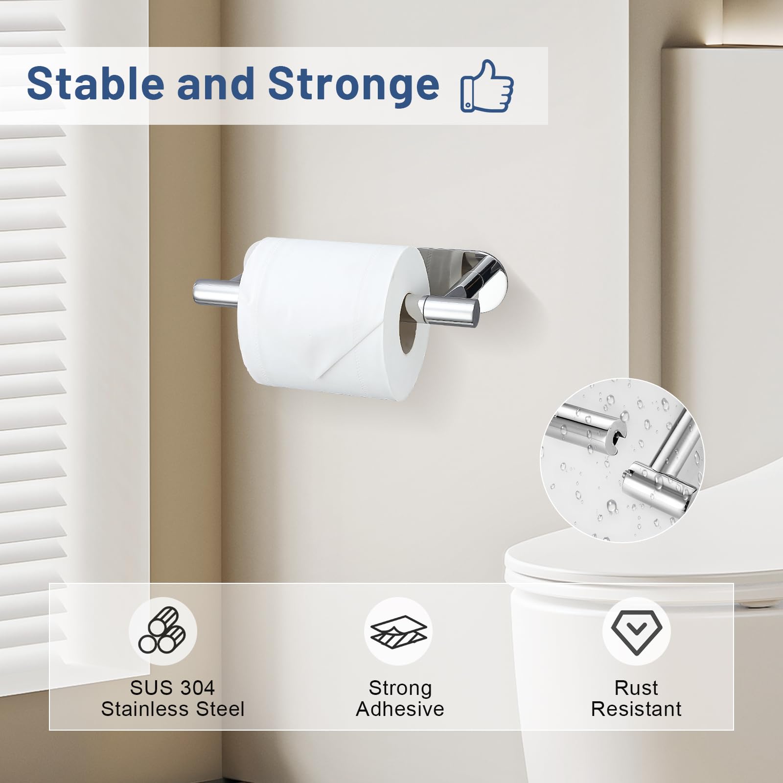 Self Adhesive Chrome Toilet Paper Holder, Sus304 Stainless Steel Toilet Roll Holder, Double Base Paper Towel Holder Wall Mount N