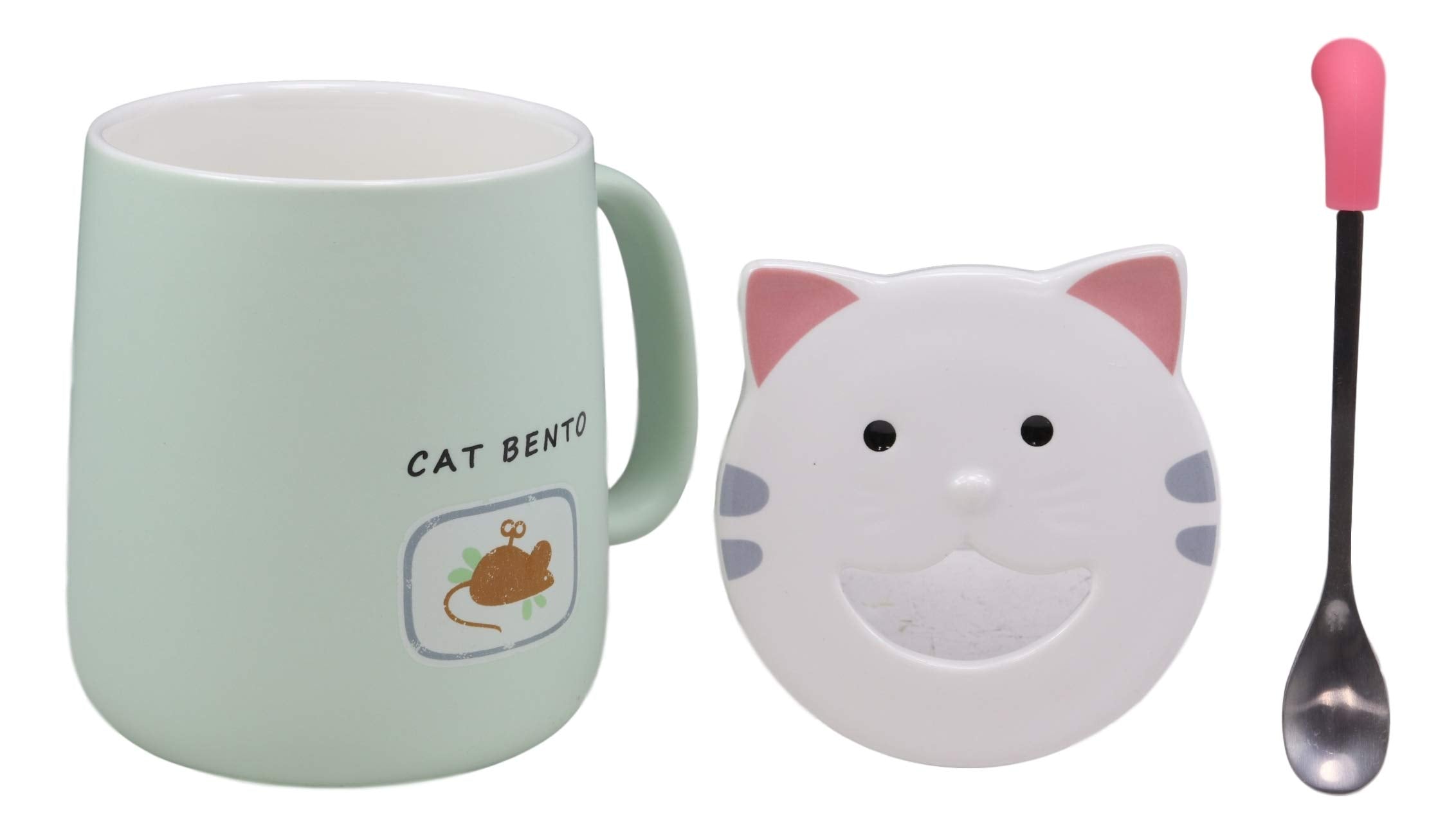 Ebros Whimsical Kitty Cat Bento Porcelain Coffee Tea Mug Drink Cup With Tongue Shaped Handle Spoon And Smiling Face Lid 14oz Kit