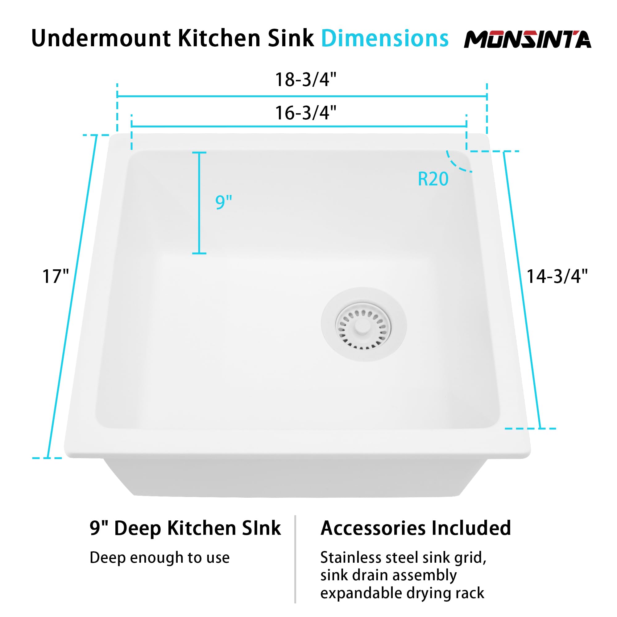 Monsinta Bar Sink,Bar Sink Undermount, 19'' X 17'' White Bar Sink, Undermount Kitchen Sink With Accessories, Quartz White Kitche