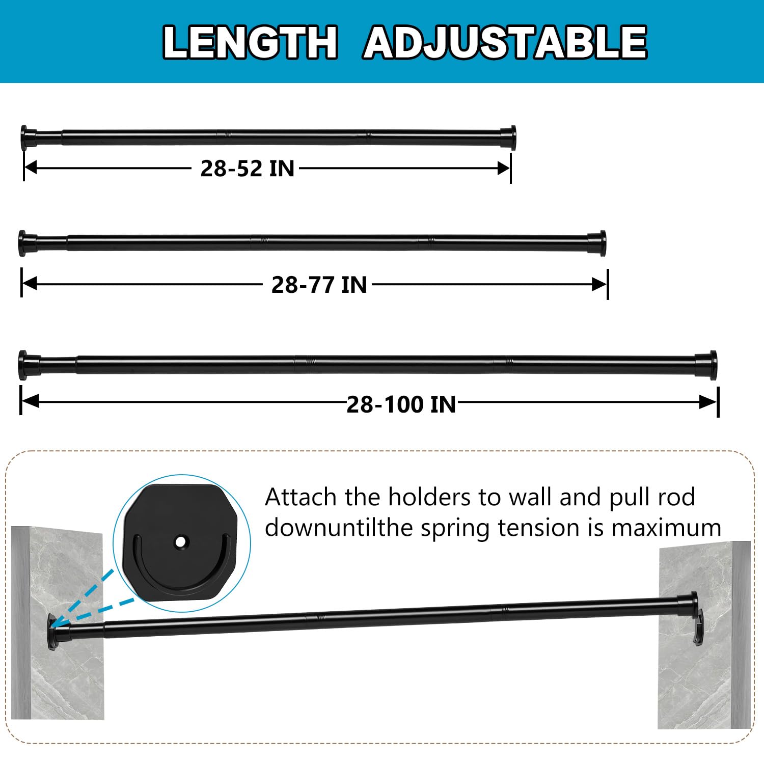 Closet Rod - 30-74 Inches, No Drilling Closet Rod Extender Hanging - Matte Black Adjustable Clothes Hanging Bar, For Closet, Bat