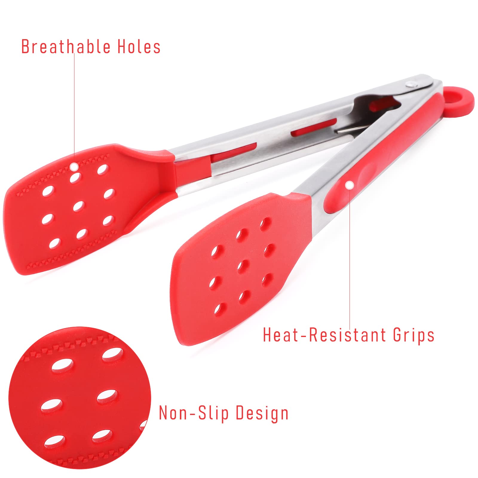 DAILY KISN 9 Inch Kitchen Tongs  Cooking Tongs with Slotted Silicone Tips and Stainless Steel Handle  Non Stick Heat Resistant Tongs for Cooking  Buffet  Salad Serving (9''  Red)