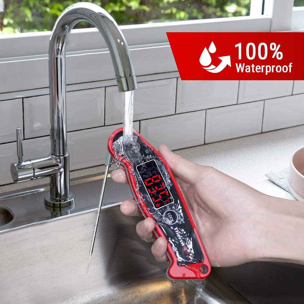 ThermoPro TP19 Waterproof Digital Meat Thermometer, Instant Read, Ambidextrous Backlit, Classic Red, for Grilling & Cooking