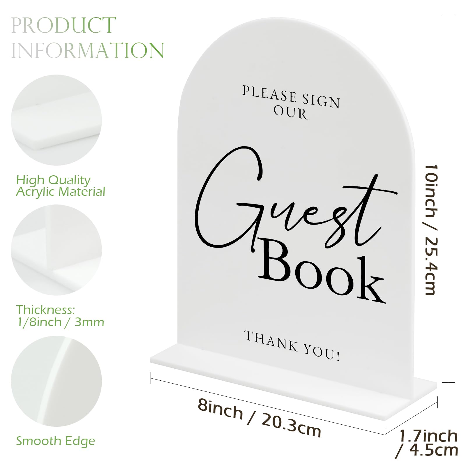 White Arch Acrylic Wedding Sign- 8x10 Guest Book Sign and Base,1/8 Thick | Modern Calligraphy Arched Acrylic Table Sign for Wedd