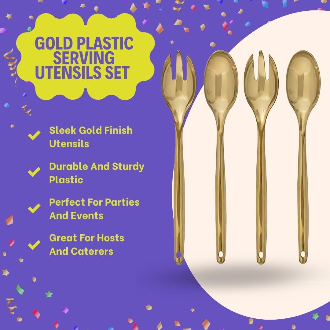Gold Plastic Serving Utensils Set - 1 Set Of 4 Pcs - Elegant & Durable Gold Finish, Perfect For Parties, Weddings & Catering Eve