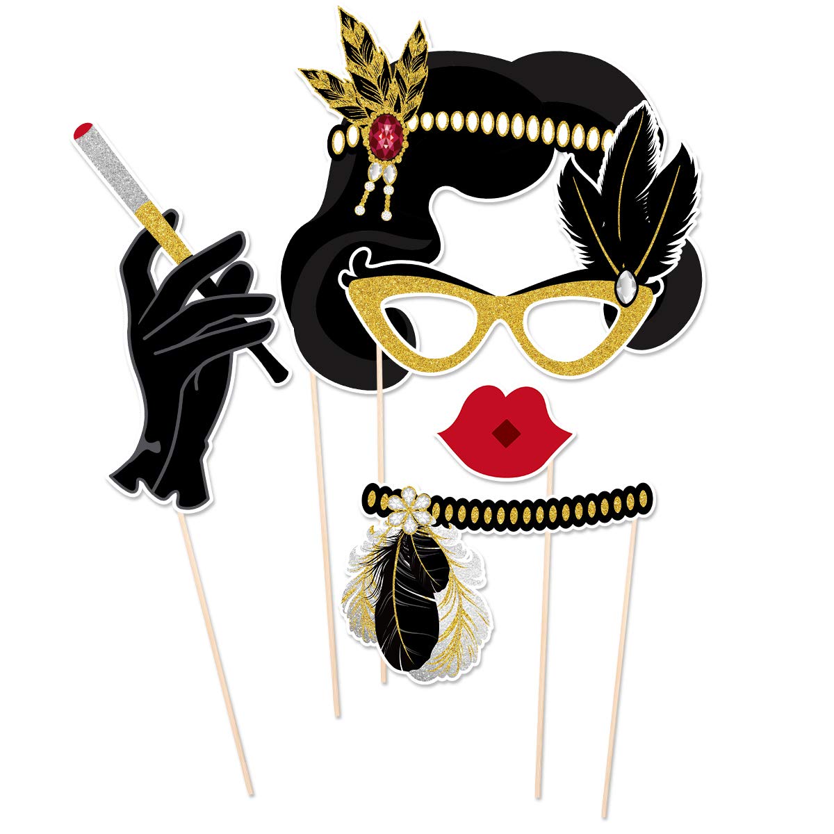 Tinksky 20pcs 1920s Photo Booth Props Roaring 20's Party Photo Props with Bamboo Sticks Creative Party Supplies Perfect 1920s Themed Birthday Wedding Hollywood Party Decoration Accessories