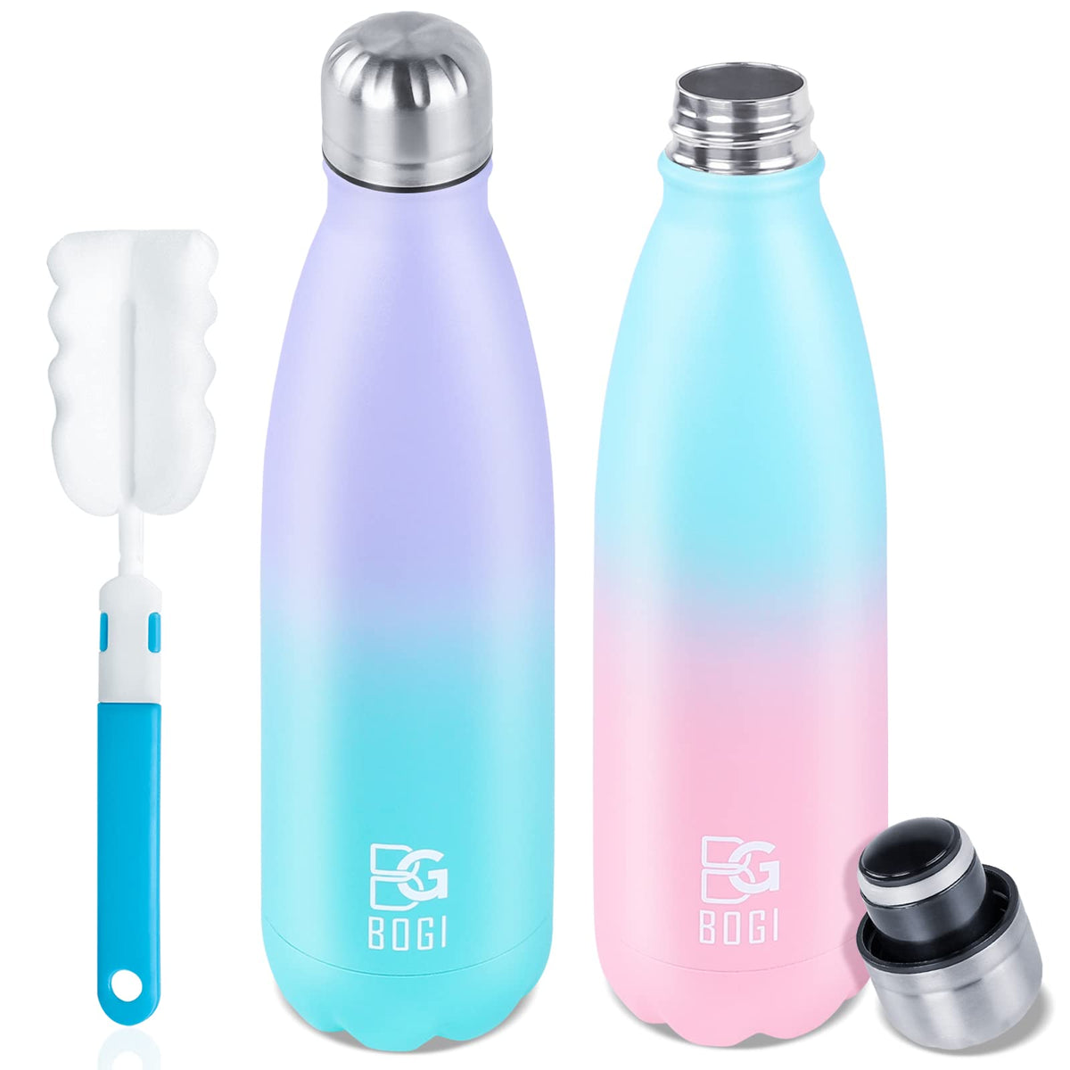Bogi Insulated Water Bottle, 17Oz 2 Pack Stainless Steel Water Bottles, Leak Proof Sports Metal Water Bottles Keep Drink Cold Fo