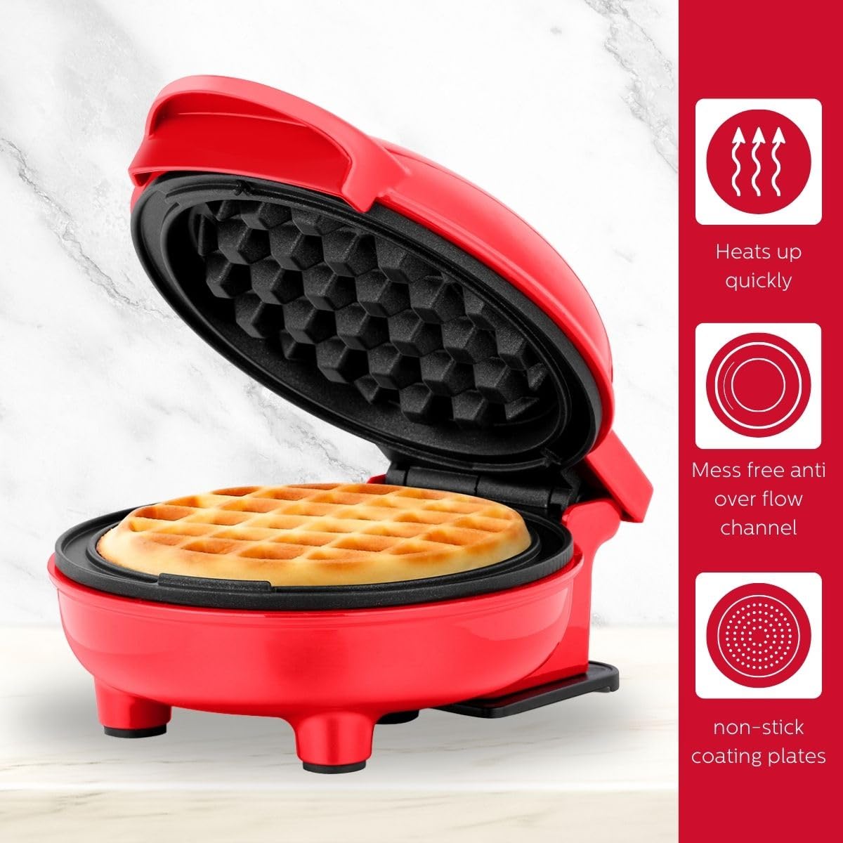 Holstein Housewares Personal/Mini Waffle Maker, Non-Stick Coating, Red- 4-Inch Waffles In Minutes, Ideal For Breakfast, Brunch,