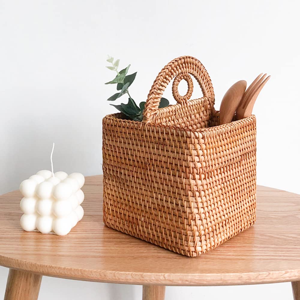 I-Lan Handwoven Rattan Square 2-Compartment Storage Box Cosmetics Desk Organizer Utensil And Handicrafts Home Decorative Serving