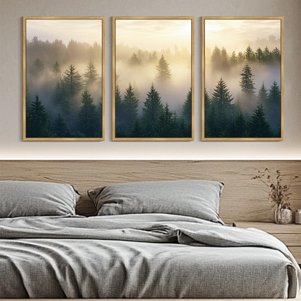 Phopago Misty Nordic Forests Framed Wall Art Large 24X36In Nature Morden Fog Pine Tree Paints Home Decor For Bedroom Living Room
