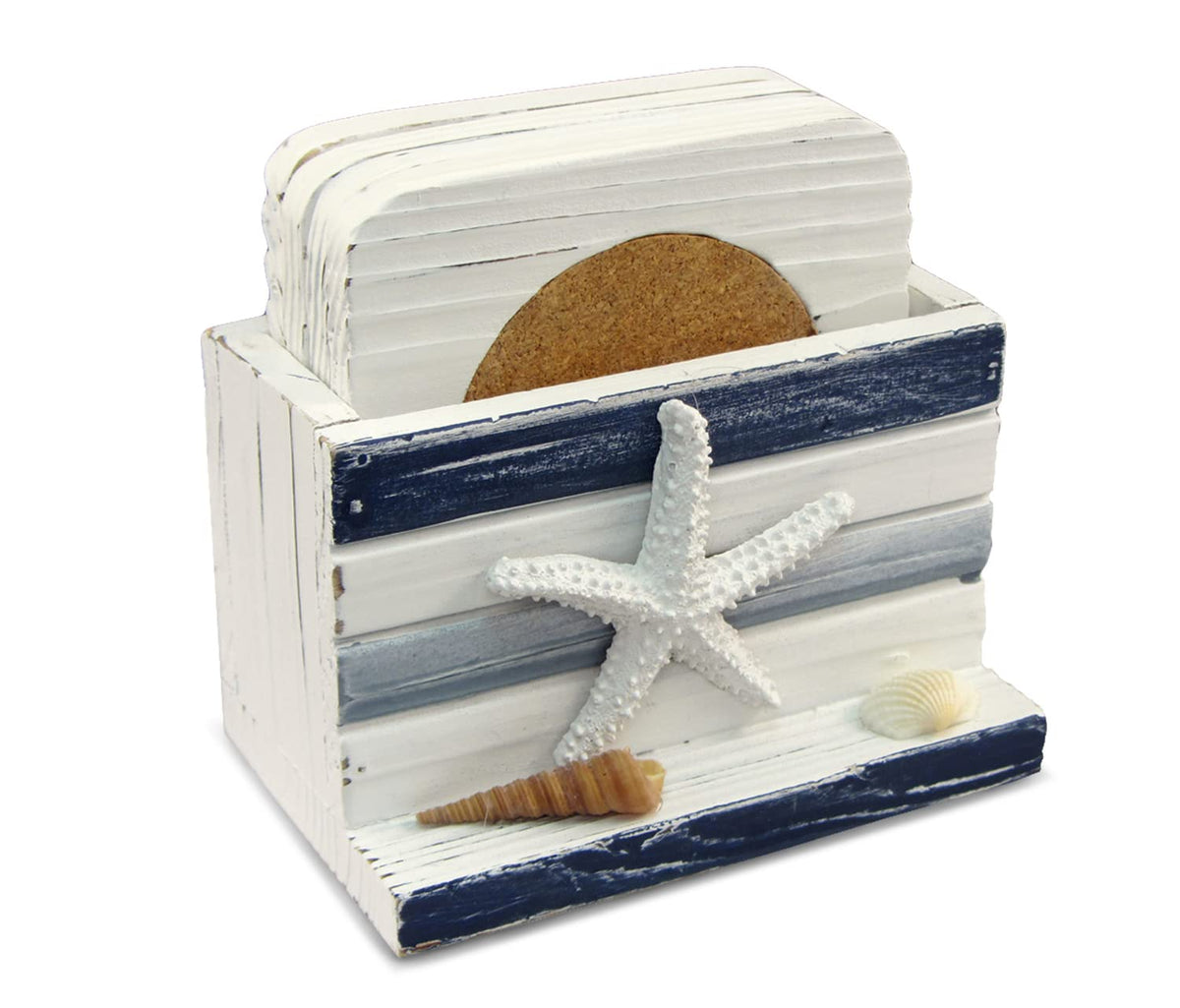 Puzzled White And Blue Stripes Wooden Nautical Coasters - Tabletop Wooden Coastal Decor For Home, Kitchen, Bar, Beach Themed Gif