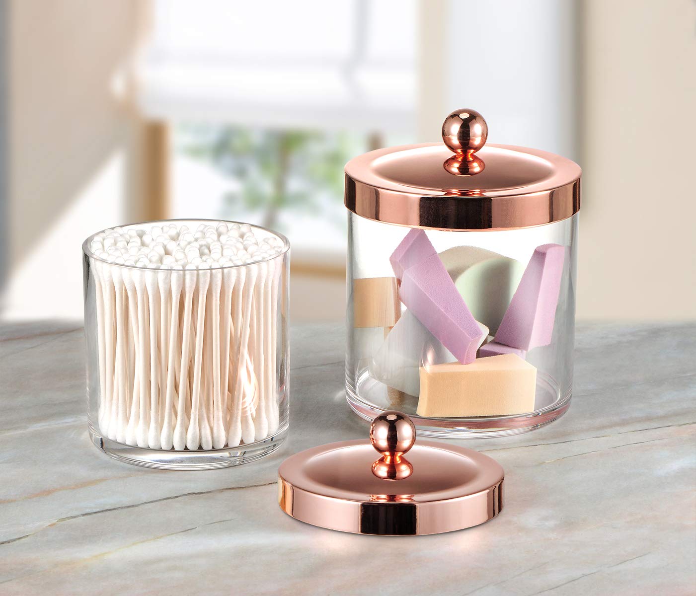 Sheechung 2 Pack Premium Plastic Apothecary Jars - Qtip Holder Bathroom Vanity Kitchen Countertop Storage Organizer Canisters Fo