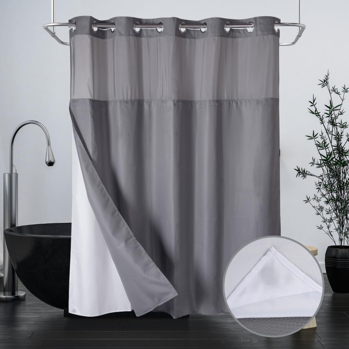 Ecoehoe Extra Long 71X79 Gray Waffle Fabric Hook Free Shower Curtain With Removable Polyester Liner-Heavy Weight
