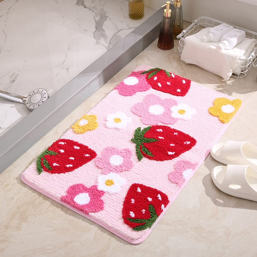 Liketn Soft Cozy Strawberry Bathroom Rugs Cute Bath Mat Doormat Non Slip Washable Shaggy Bedroom Runner Rug Funny Flower Absorbe
