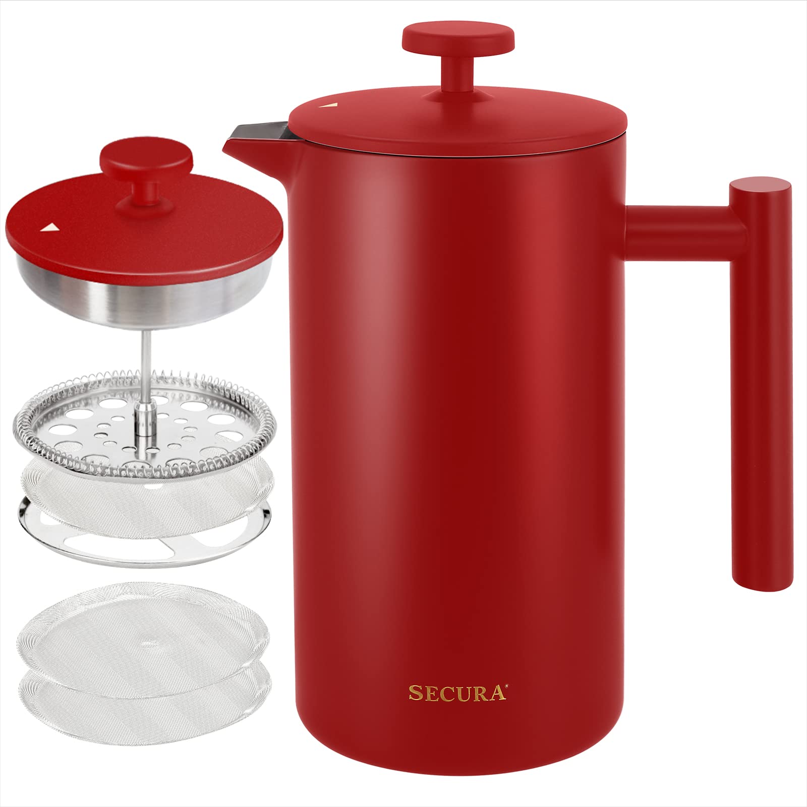 Secura French Press Coffee Maker, Double-Wall 304 Grade Stainless Steel Coffee Press With 2 Extra Screens, 34Oz (1L), Red