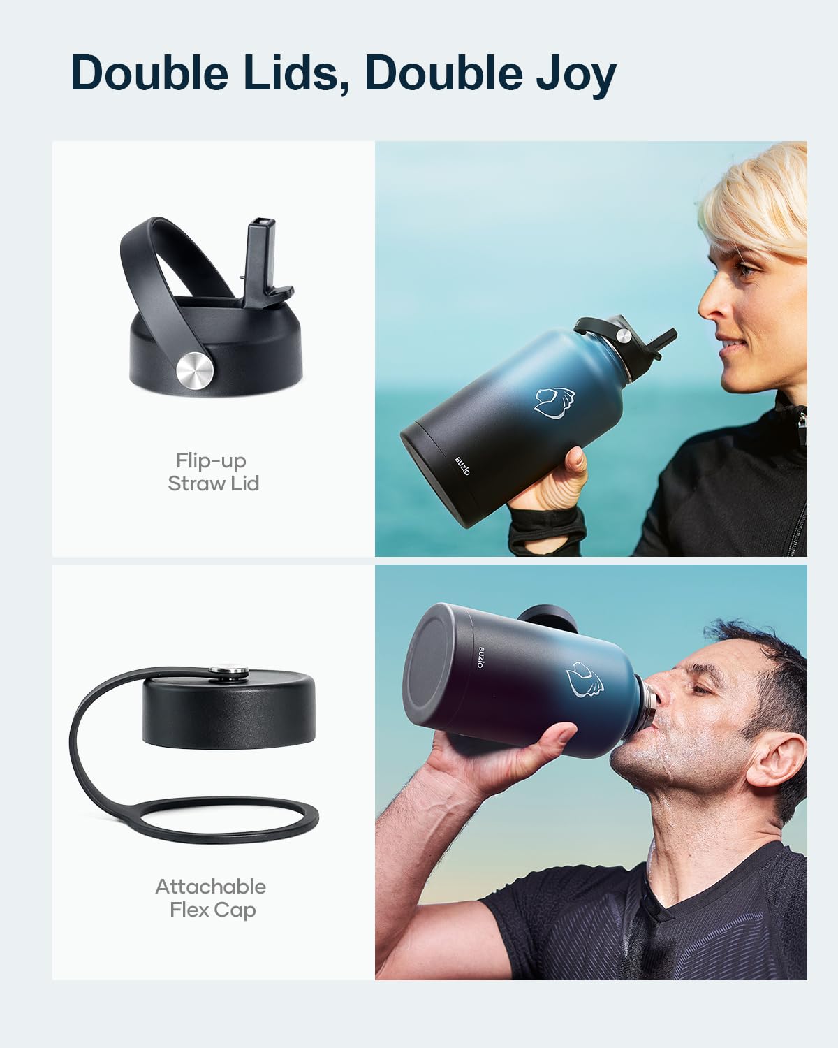 Buzio Insulated Water Bottle With Straw Lid And Flex Cap, 64Oz Double Wall Vacuum Stainless Steel Water Thermo Wide Mouth Lid, C