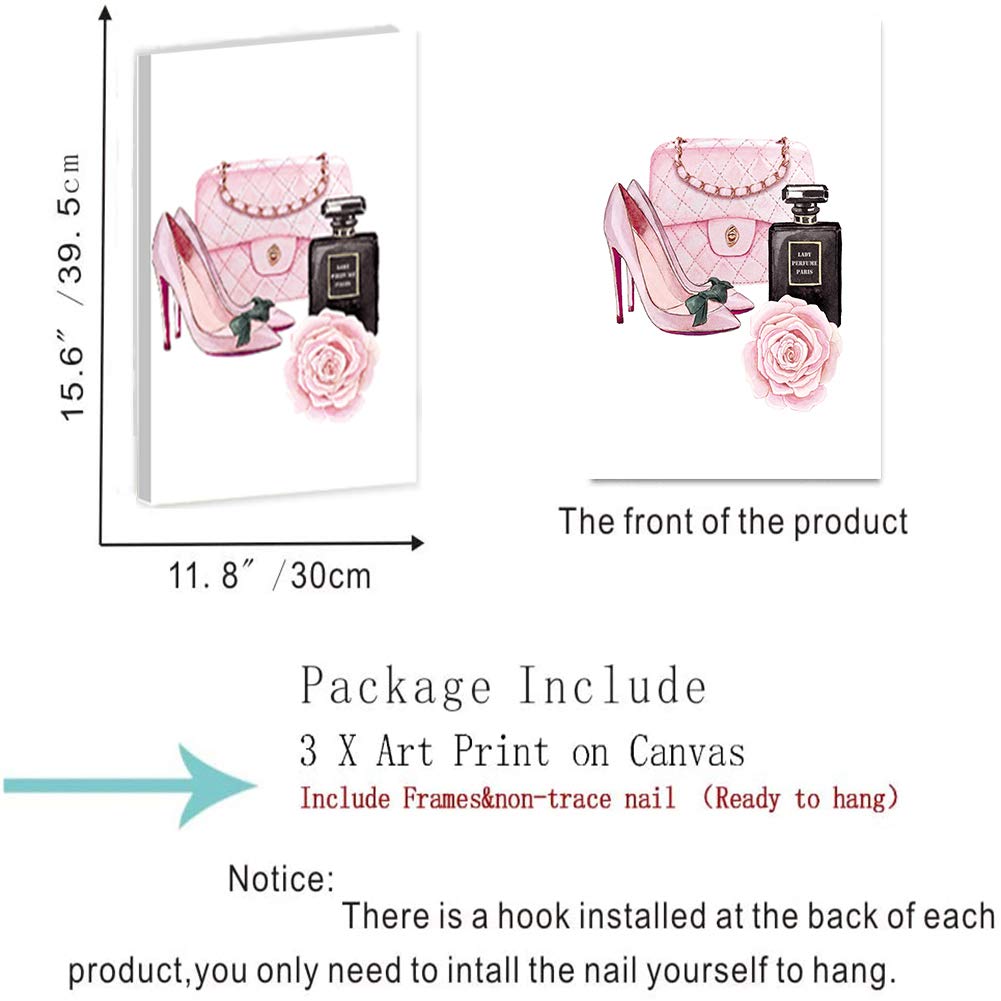 Hpniub Fashion Women Art Print Pink High Heels Flowers Painting Set Of 3 Pieces (11.8X15.6Inch) Canvas Perfume Poster With Frame