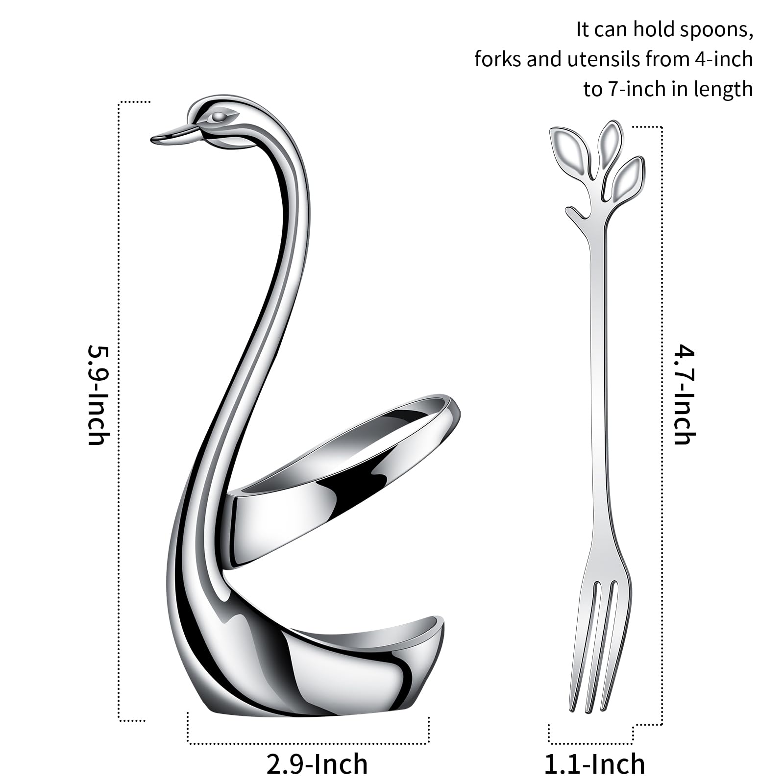Ansaw Elegant Swan Base Holder Set With 10 Pcs Silver Leaf 4.7'' Stainless Steel Mini Forks For Appetizer, Fruit, Dessert, Cake