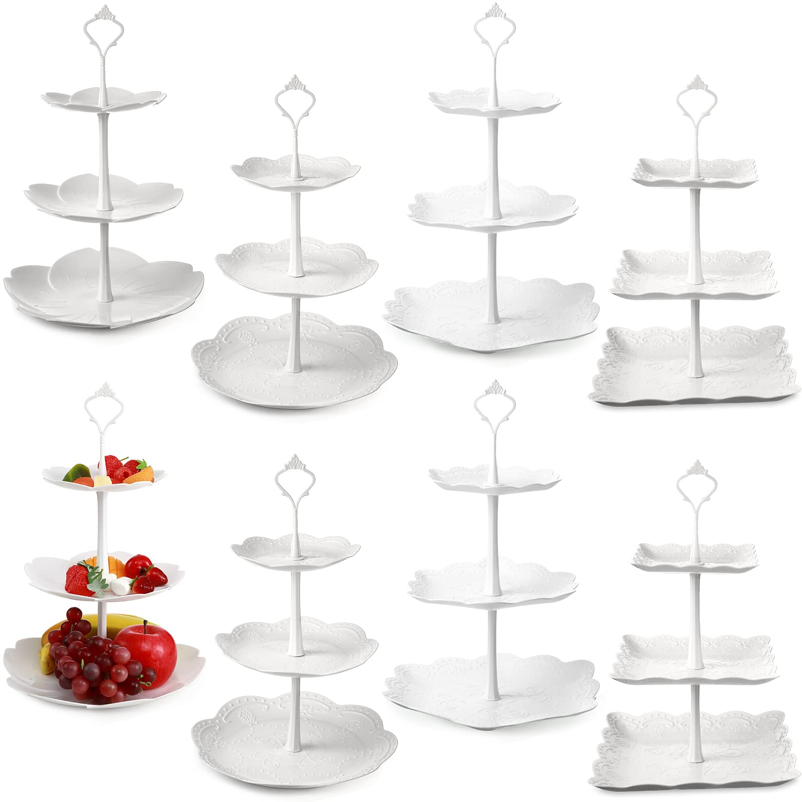 Potchen 8 Sets 3 Tier Cupcake Stand Plastic Tiered Serving Tray Round Flower Square Hexagonal White Dessert Table Display Set Ca
