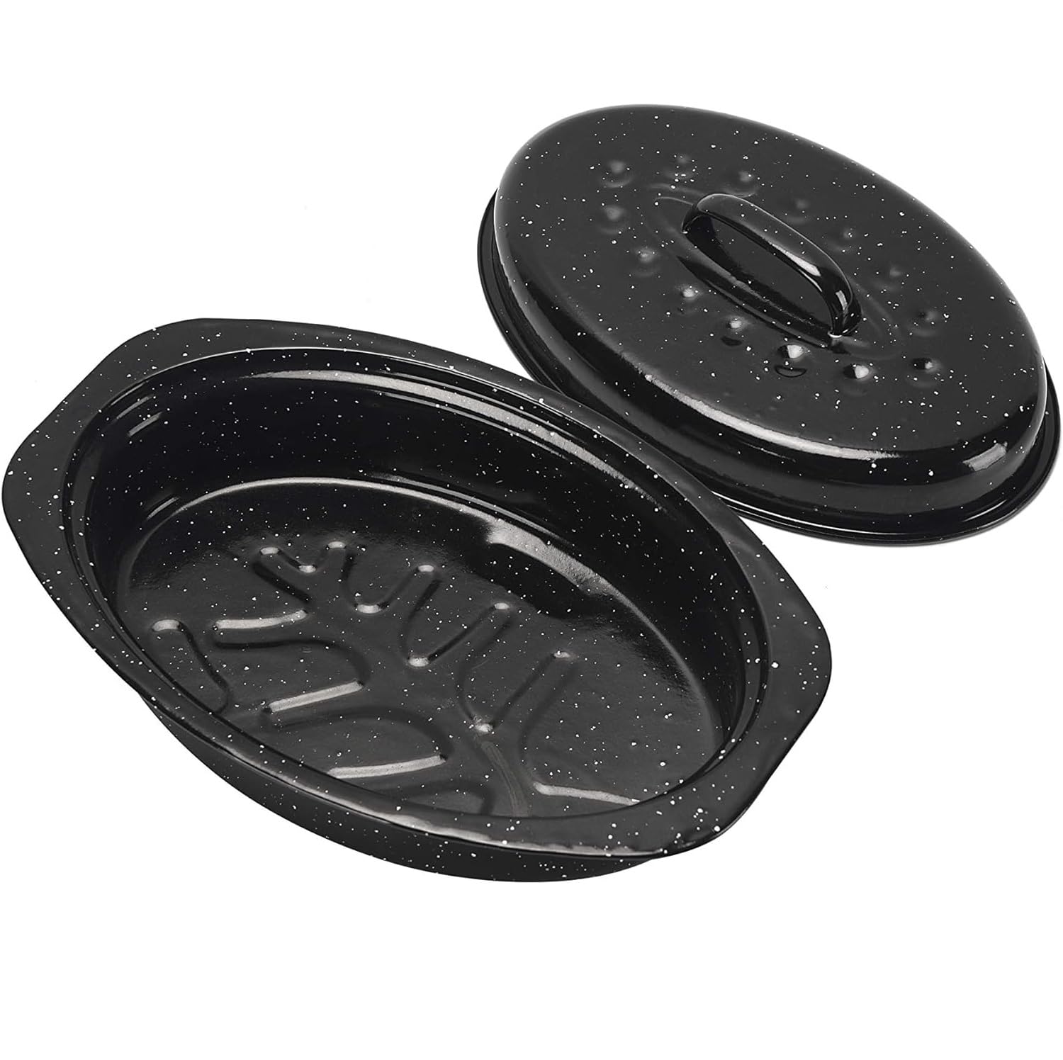 13 Inch Small Roasting Pan With Lid - Covered Oval Roaster - Enamel Carbon Steel Roaster Pot - Excellent Heat Distribution And N