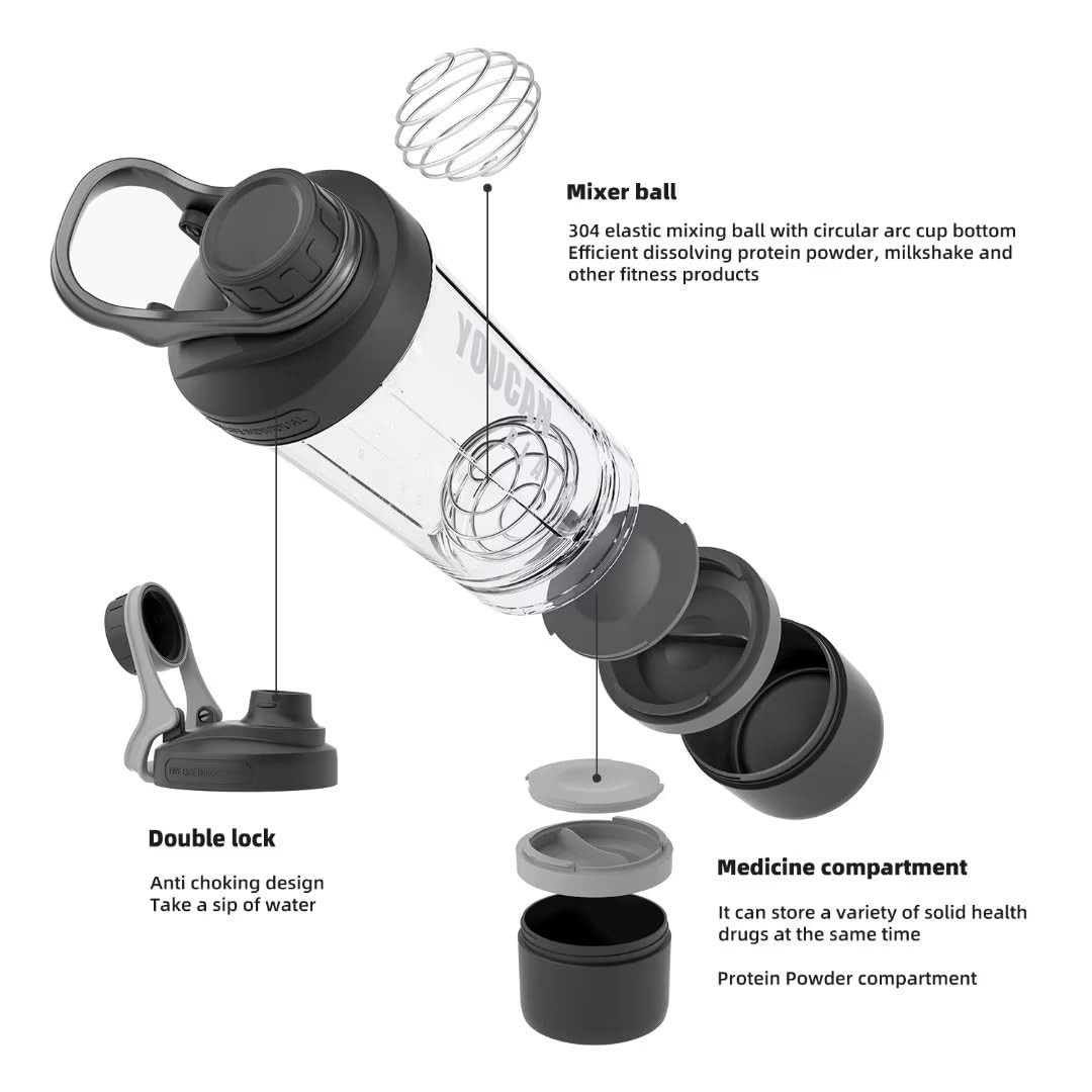 21oz Protein Shaker Bottle with Powder Storage Container-Shaker Cups for Protein Shakes-pre workout bottle-Mixer Cup-Gym Sport Water Bottle -Made with Tritan BPA Free with Wire Whisk Balls (Black)