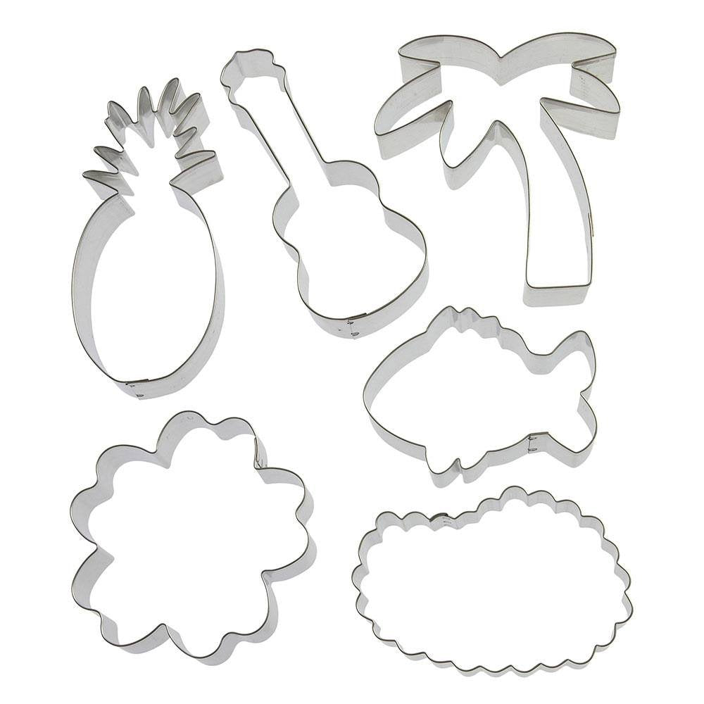 Foose Cookie Cutters 6 Piece Tropical Set 5.25'' Guitar, 5'' Palm Tree, 5.25'' Pineapple, 3.75'' Hibiscus, 3.5'' Fish, 4'' Lei,