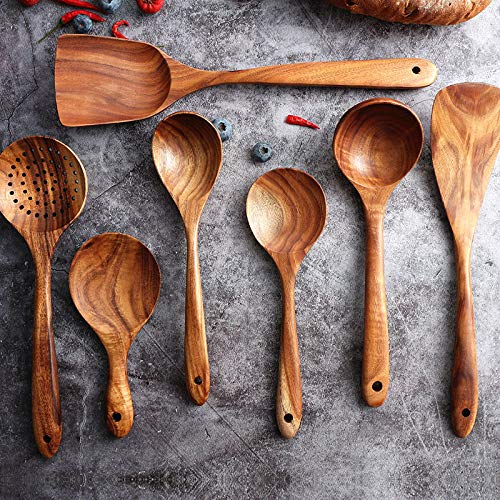 Wooden Utensils Set For Kitchen, Messon Handmade Natural Teak Cooking Spoons Wooden Spatula For Nonstick Cookware (7 Sets)