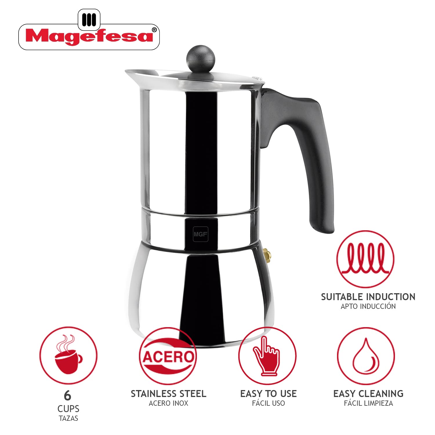 Magefesa Genova Stovetop Espresso Moka Pot, 6-Cup/10 Oz, Made Of 18/10 Stainless Steel, Suitable For Induction, Greca/Italian Co