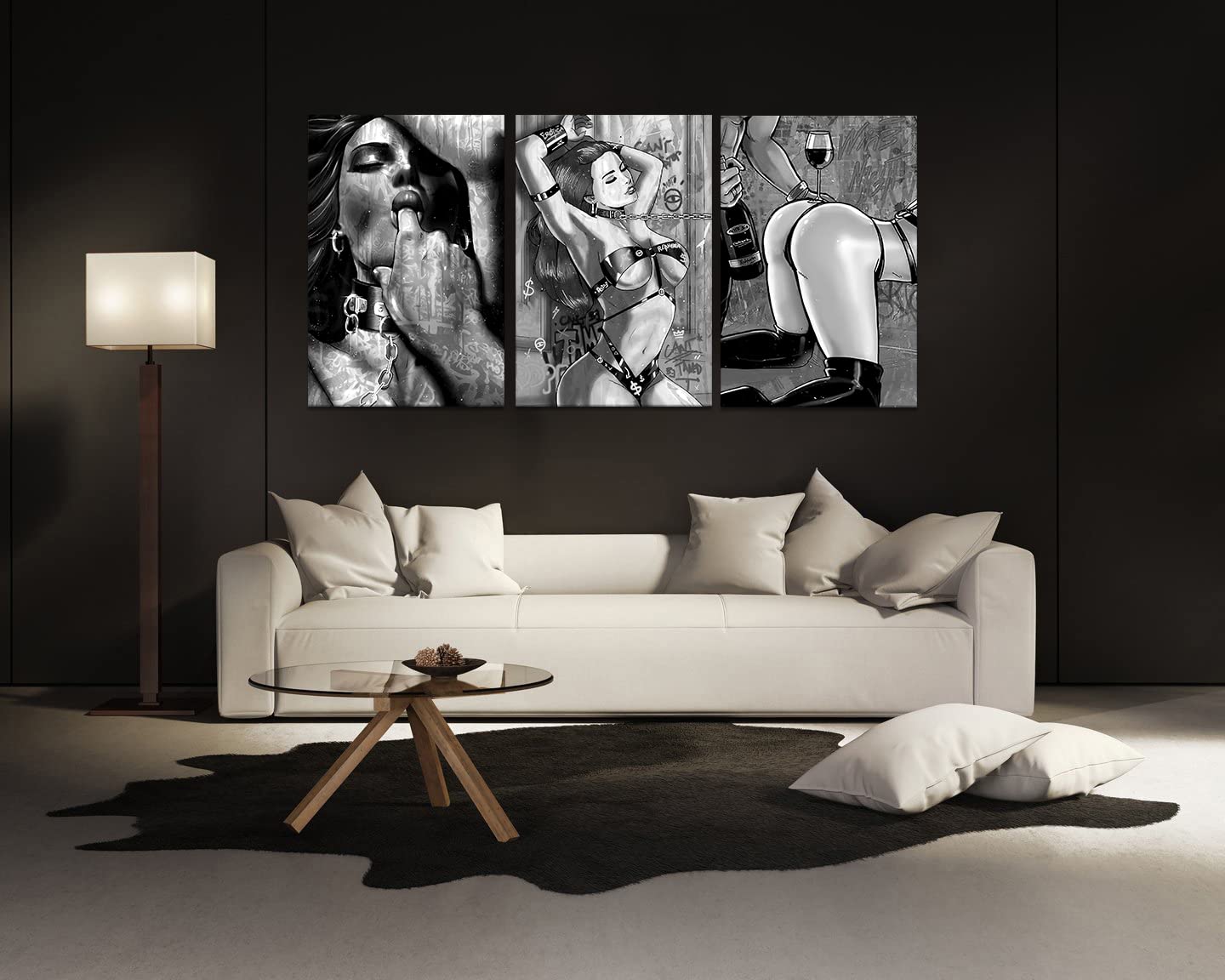 Abstract Sexy Lovers Wall Art 3 Panels Sexy Couple Poster Body Art Picture Black And White Paintings Canvas Artwork For Living R