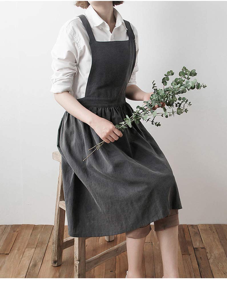 Losofar Women Girls Vintage Apron Gardening Works Cross Back Pinafore Dress (Grey(No Pocket), 33''X 29'')